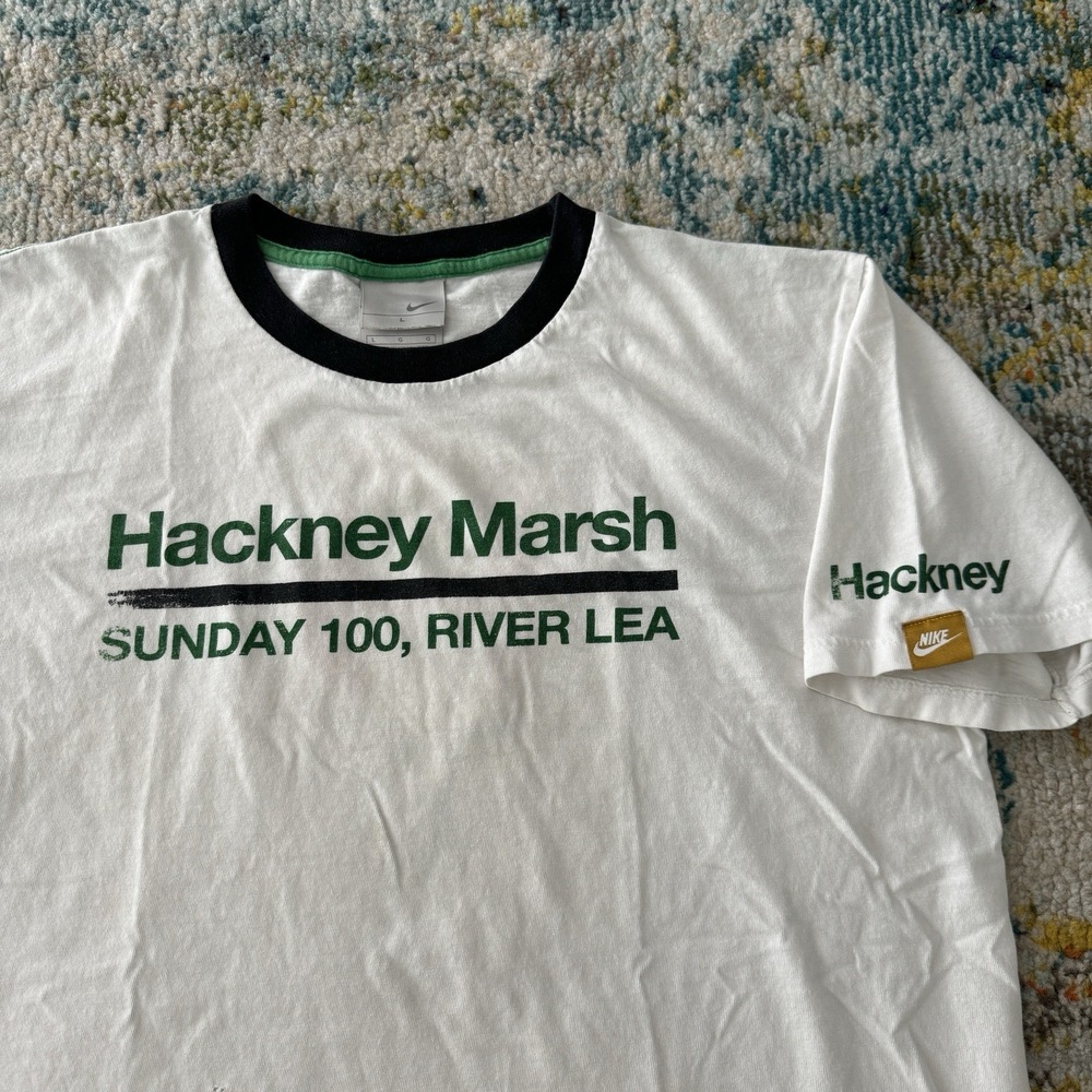 Y2K 2000s Nike‎ Hackney Marsh Sunday 100 River Lea Ringer T-Shirt White Large